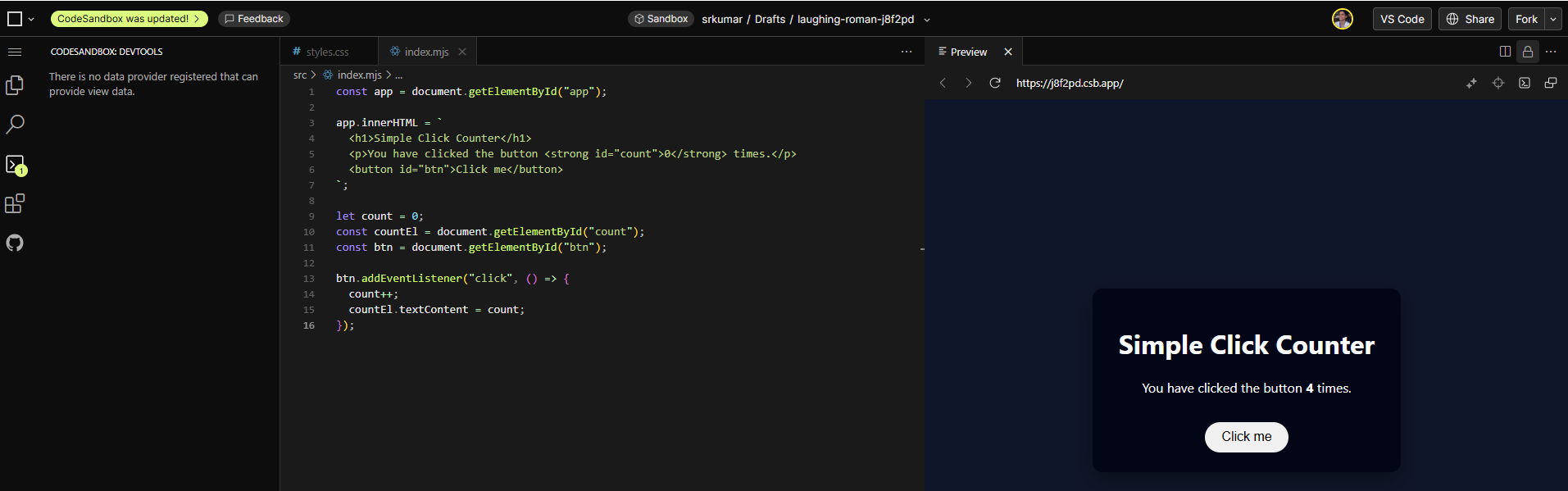 CodeSandbox click counter image